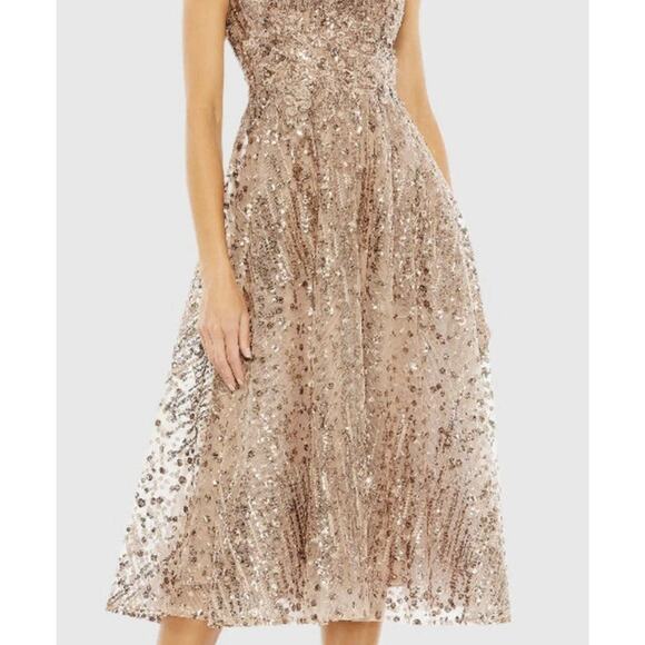 Mac Duggal 20398 Gold Sequin Fit & Flare Midi Dress 16 Cap Sleeves Cocktail NWT - Picture 9 of 16